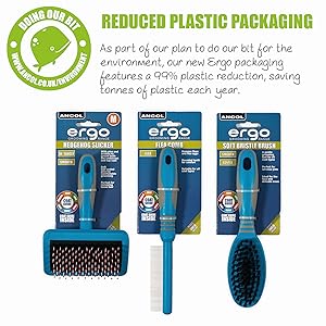 a variety of grooming combs and brushes and information on new cardboard packaging