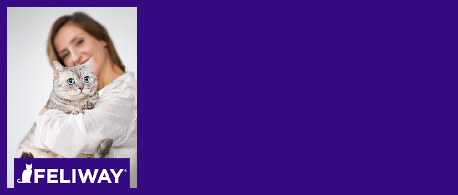 Image of cat and Feliway logo to the left on a purple background