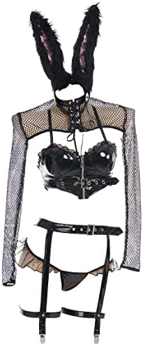 MEOWCOS Women Sexy Lingerie Set Bunny Girl Translucent Hollow Lace Costume Gothic Outfit with Stockings and Hair Band