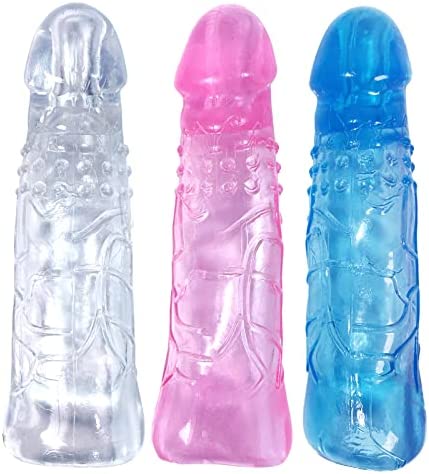 Reusable Penis Sleeve Extender, 3PCS Clear Realistic Textured Cock Enlargers Body-Safe Stretchy Material Soft Sex Toys for Men Masturbators (Blue,Pink,Large,White)