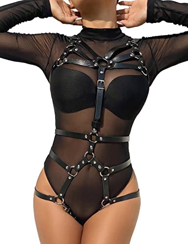 Body Harness for Women Full Strappy Chest Harness Gothic Pentagram Bra Set Strap Adjustable Punk Garters Suspender Belt Lingerie for Rave Party