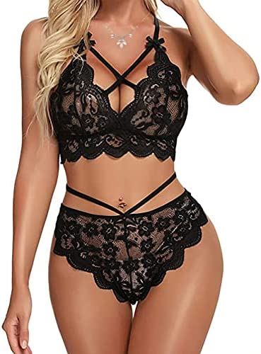 Women Sexy Lingerie, See Through Sheer Lace Bra and Panties Set, Bralette Strappy Underwear Outfits 2 Piece Babydoll Bodysuit Nightwear Bikini Crochet Pajamas for Valentines Christmas