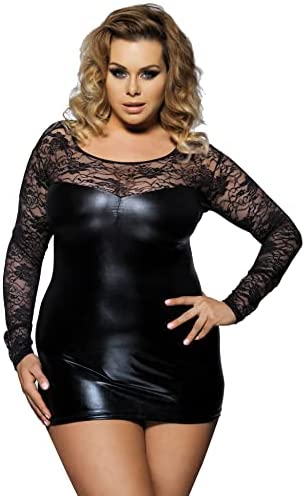 comeondear Women Sexy Sheer Lace Wet look Dress Lace Leather Long Sleeve Lingerie Leather Lingerie Bodycon Mini Party Club Dress Top Black UK 6-26