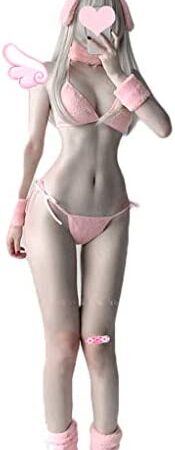 Women Sexy Lingerie Set Furry Bunny Cosplay Costume Japanese Anime Micro Bikini Pink Bra and Panty Lolita Underwear