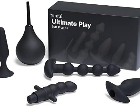 Butt Plug Set from Sinful - Ultimate Play Butt Plug Kit with Bullet Vibrator and Silicone Bulb - 4X Anal Training Plugs - Butt Plugs in Flexible Premium Grade Material - Black