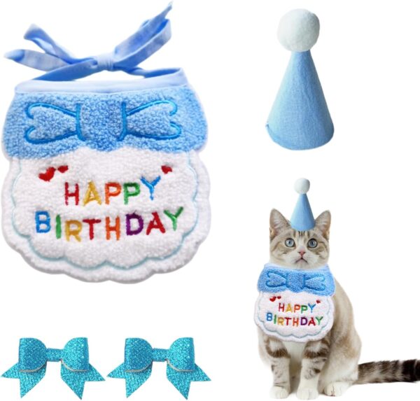 1 Piece of Bib, 1 Piece of Birthday Hat, 2 Pieces of Bow Hairpins, Puppy and Kitten Birthday Hat Scarf, Pet Birthday Supplies Set, Pet Cat Costume (Blue)