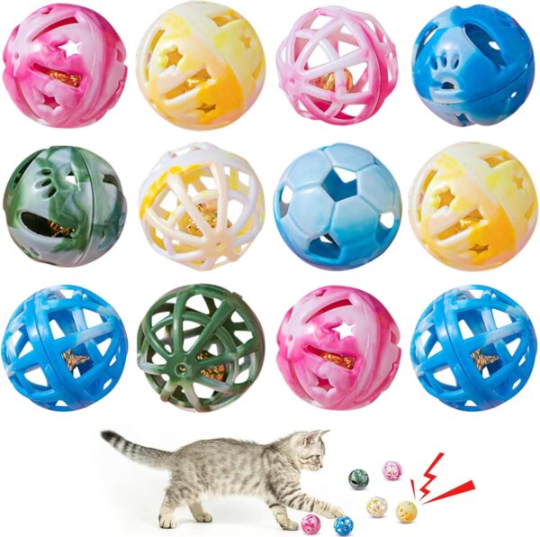 12Pcs Cat Ball Toys, Colorful Cat Bell Balls Toy Plastic Ball Cat Toys Interactive Cat Rattle Balls Cat Play Balls for Indoor Kitten Cat Catch Toy Hollow Balls with Bell for Pet Kitten Toy with Sound