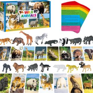 15 PCS Safari Animal Figurines with 15 Introducing Flashcards, Realistic Zoo Animal Figures Montessori Toys Science Educational Matching Game for Homeschool Preschool Toddler Kids