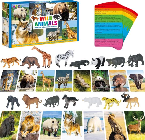 15 PCS Safari Animal Figurines with 15 Introducing Flashcards, Realistic Zoo Animal Figures Montessori Toys Science Educational Matching Game for Homeschool Preschool Toddler Kids