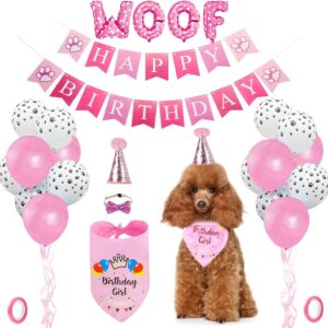 Dog Birthday Party Supplies,Dog Birthday Bandana Hat Set,Bandana, Happy Birthday Banner,Triangle Scarf,12 Inch Paw Print Balloon,Cute Bowtie for Pet Boy/Girl, Party Accessories (pink)