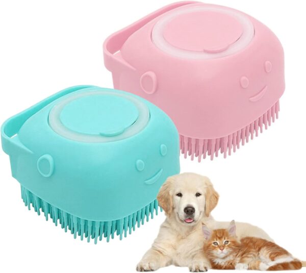 Bncxdc Pet Bath Massage Brush, Dog Wash Brush, 2pcs Pet Bath Brush, Multi-purpose Bath Brush, Soft Silicone Bristles, Shampoo Dispenser, Suitable for Dogs, Cats and Other Pets (Pink and Blue)