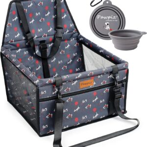 Pawpiz Dog Car Seat for Small Dogs & Puppies | Pet Booster Seat with Seat Belt for Front or Rear Seats | Sturdy & Scratch-Resistant with Cute Puppy Pattern | UK Brand (Grey)