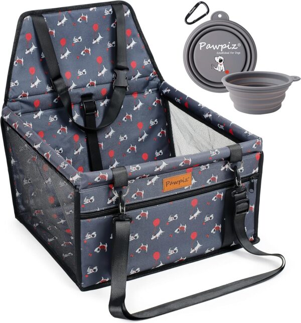 Pawpiz Dog Car Seat for Small Dogs & Puppies | Pet Booster Seat with Seat Belt for Front or Rear Seats | Sturdy & Scratch-Resistant with Cute Puppy Pattern | UK Brand (Grey)