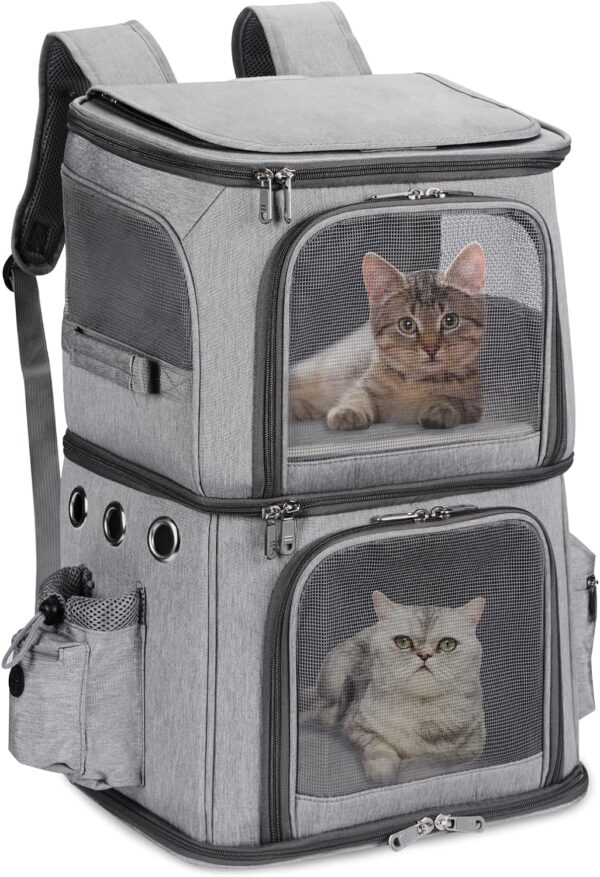 FASNATI Double-Compartment Pet Carrier Backpack, Cat Carrier Backpack for 2 Small Cats, Dogs and Rabbits, Perfect for Traveling/Hiking/Camping, Grey