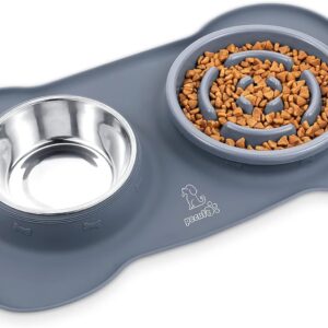 pecute 3-in-1 Slow Eating Dog Bowls with Non Slip Mat - Safe Silicone Interactive Fun Slow Feeders for Dogs - Stainless Steel Bowls Non Spill Mats Tray - Suitable for Dogs Cats Slow Feeding(M， Grey)