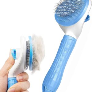 Dog Brush Cat Brush Grooming Comb,Self Cleaning Cat Dog Slicker Brushes with Smooth handle,Pet Grooming Tool with Cleaning Button for Cat Dog Shedding Tools Cat Dog Massage Clean Tangled Brush (Blue)