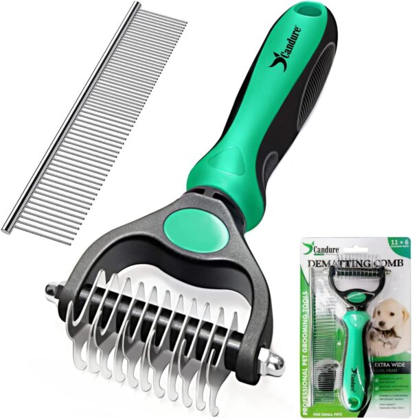 Candure Dematting Comb for Dog and Cat, Pet Grooming Rake and Brushes for Small & Medium Dogs 11+6 Double Sided Blade Deshedding Tool Removes Knots, Undercoat, Mats and Tangled Hair (Green)