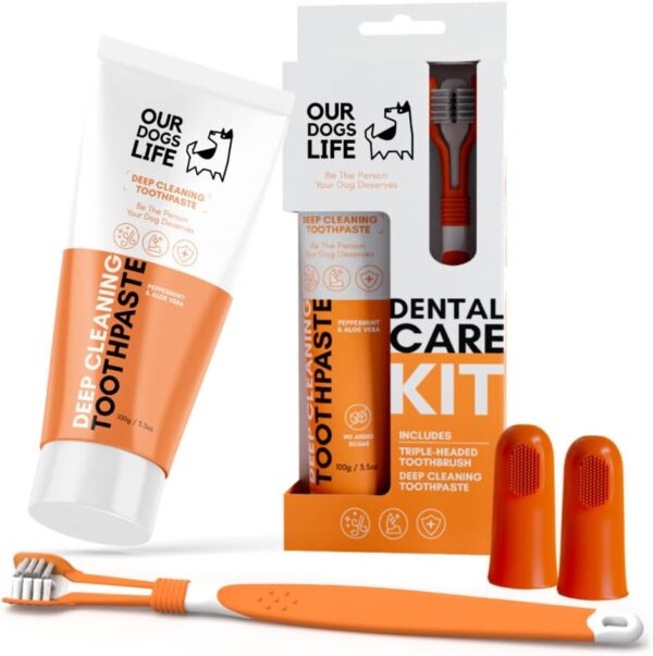 Dog Toothbrush with Toothpaste | Approved Dog Dental Kit | Triple Headed Deep Cleaning Toothbrush for Dogs + 100% Natural Toothpaste | Freshen Breathe & Remove Plaque from Teeth