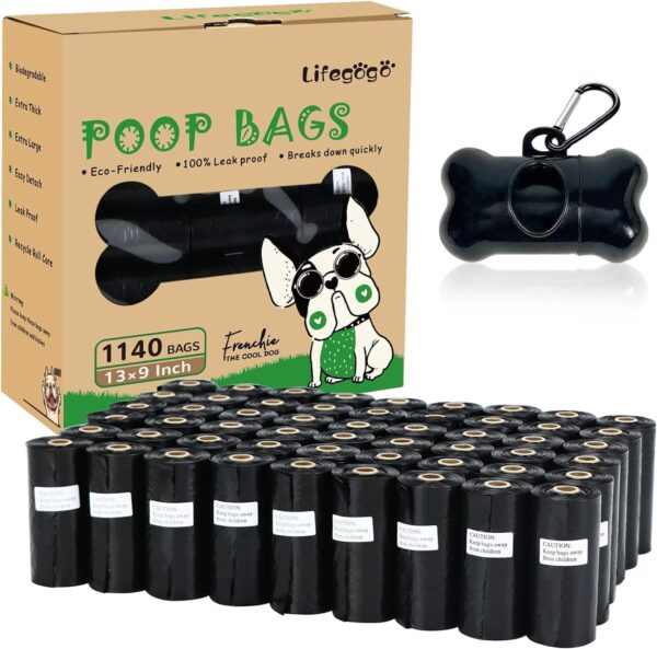 Dog Poo Bags - 1140 Counts Dog Poop Bags Rolls with Dispenser, Unscented Poo Bags for Dog, Extra Thick Strong Leak Proof Dog Waste Bags, Black - 57 Rolls