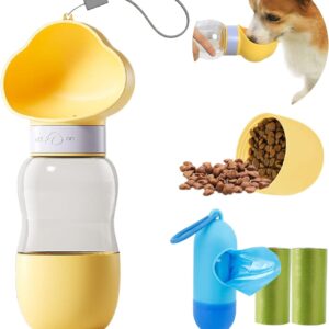 Dog Water Bottle,Convenient Dog Water Dispenser,Leak Proof Puppy Water Bowl,Pet Water Bottle with Dog Food Container,Dog Poop Bags with Dispenser for Walking,Hiking & Travel. (Yellow)