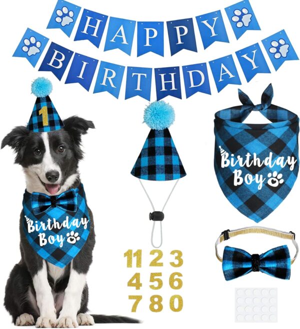 JOTFA Dog Birthday Party Supplies, Plaid Dog Birthday Boy Bandanas with Dog Birthday Party Hat Bow Tie Birthday Number for Small Medium Large Dogs Pets (Light Blue)