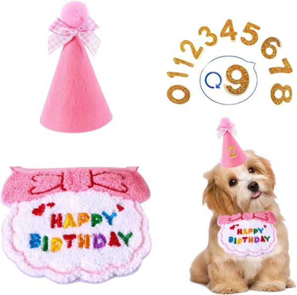 Dog Birthday Party Supplies,1Set Dog Birthday Hat and Bandana with Numbers,Cute Embroidered Dog Bib Bow Pompom Party Hat Set Puppy Dog Birthday Outfit for Pet Cats Small Medium Dogs (Pink)