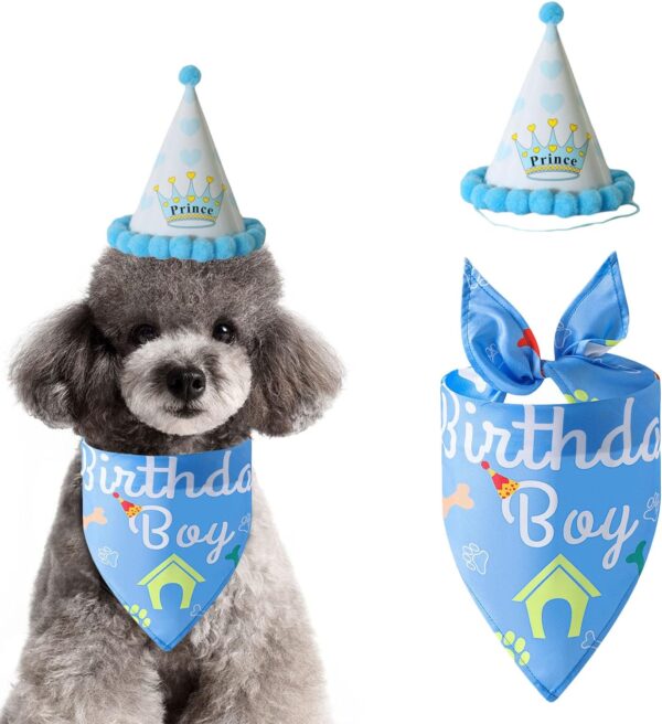 Dog Birthday Bandana Hat Kit,Triangle Cotton Dog Scarf with Cute Birthday Boy/Girl Decorations,Puppy Birthday Party Hat Set Dog Birthday Cake Outfit Gift/Pet Party Supplies Accessories(Blue)