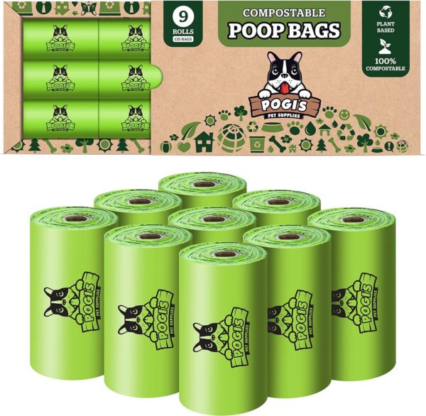 Pogi's Compostable Dog Poo Bags - 9 Rolls (135 Biodegradable Dog Bags) - Leak-Proof, Extra-Large, Plant-based, ASTM D6400, EN 13432 Certified Home Compostable Poo Bags for Dogs