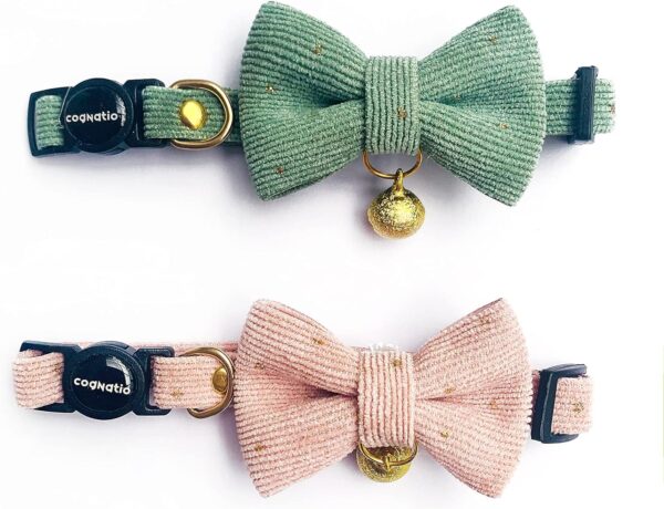 Cognatio Safety Quick Release Cat Collars, Soft Kitten Collars with Detachable Bow Tie and Bell, Pack of 2, Adjustable 20-30 cm (20-30 cm, Green+Pink)