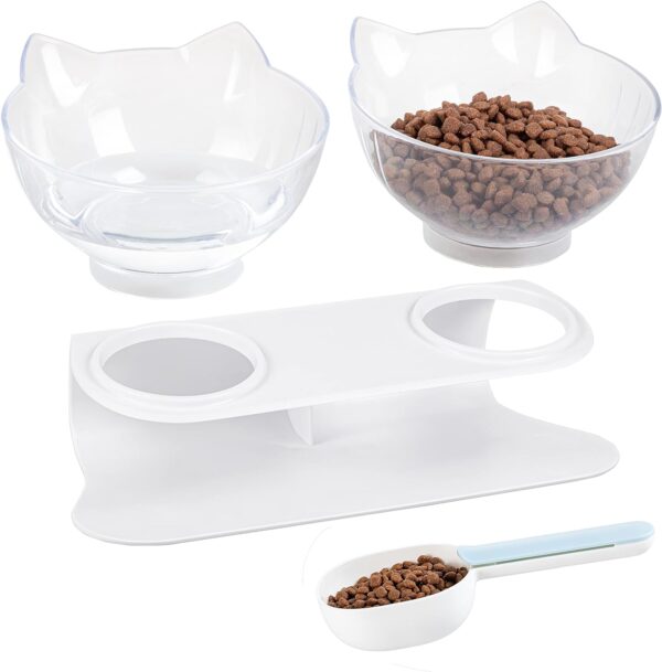 Cat Bowls with Stand Tilted 15° - Raised Cat food bowl with scoop, Anti over-turned and Anti spill Tilted Cat Bowl, Feeding and Water Supplies for Cat