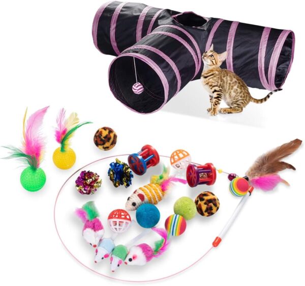 21 PCS Cat Interactive Toys - Kitten Tunnel Toy Assortments Feather Wand Fun Ball Chew Sticks, Fluffy Mouse, Fake Mice, Crinkle Balls, Bell Play Supplies for Kitten (3way-pink)