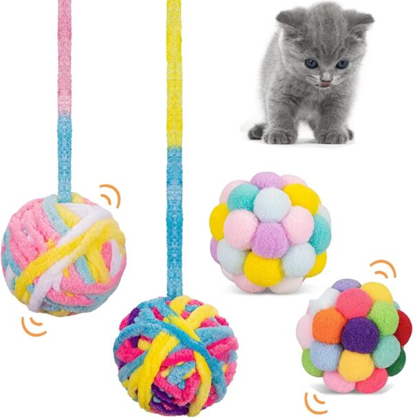 QIODAZOO 4 Pack Cat Toy Ball, Cat Balls with Bells Interactive in Fuzzy for Kitten Toys Indoor Cats (Random Color)