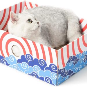 Conlun Cat Scratcher Box with Cat Scratching Board- Portable Cardboard Lounger for Feline Pet - Heavy-Duty Double-Sided Cardboard Cat Scratchers and Interactive Hole Design-Medium-Red