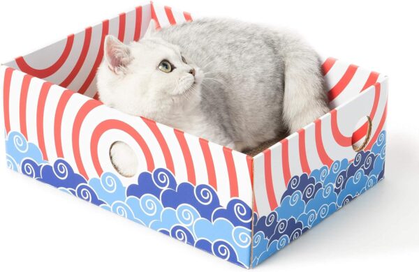 Conlun Cat Scratcher Box with Cat Scratching Board- Portable Cardboard Lounger for Feline Pet - Heavy-Duty Double-Sided Cardboard Cat Scratchers and Interactive Hole Design-Medium-Red