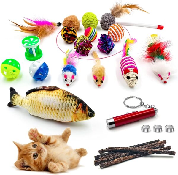 Cat Toys,Cat Toys for Indoor Cats Kitten,23Pcs,Cat Toys set,Kitten Toys,Interactive Cat Toys ,Cat Toys Feather,Catnip Fish,Matatabi Chew Sticks,Cat Wand,Mice,Crinkle Balls,Bells,Scratching Toys