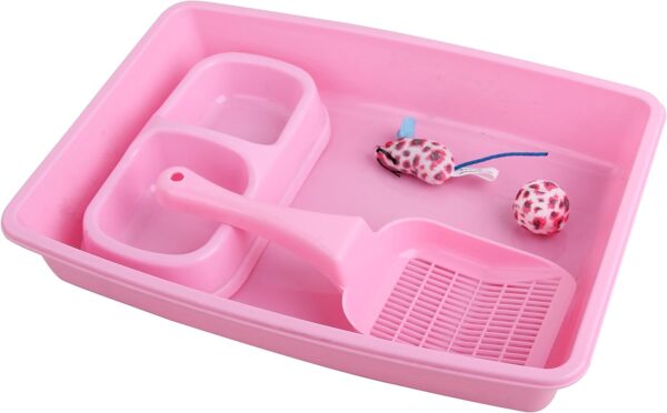 PAWISE Cat Accessories Set of 4 Cat Accessories Including Litter Tray, Litter Scoop, Bowl and Kitten Toy, 14.5 x 10.5 Inches, Pink