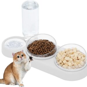 TUAKIMCE Gravity Water and Double Food Bowls,Triple Cat Bowls Automatic Pet Feeder Cat Wet and Dry Food Bowl Set Automatic Water Dispenser Pet Bowls Set for Small or Medium Size Dogs Cats (WHITE)