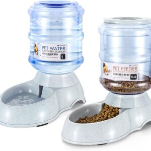 Flexzion Gravity Pet Food Water Feeder Dispenser Bundle Set (Small) for Dogs Cats Automatic Replenish Waterer Dry Food Storage Container Bowl, Small Medium Dog Cat Feeding Watering Fountain Supplies