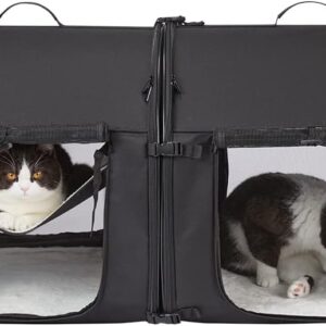 Portable 2-in-1 Double Cat Carrier Bag, Soft-Sided Pet Kennel, Twin Compartment Show House Cat Crate,Collapsible Comfy Large Cat Home&Travel Medium Dog Carrier with Carry Bag/Hammock/Mats for All Pets