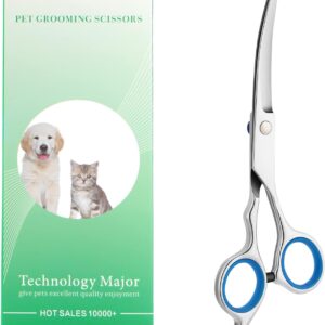 Dog Grooming Scissors with Safety Round Tip, Pet Dog Cat Curved Grooming Shears Scissors, Stainless Steel Pet Grooming Tools (Silver Down Curved Scissor)