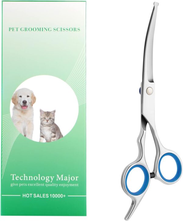 Dog Grooming Scissors with Safety Round Tip, Pet Dog Cat Curved Grooming Shears Scissors, Stainless Steel Pet Grooming Tools (Silver Down Curved Scissor)