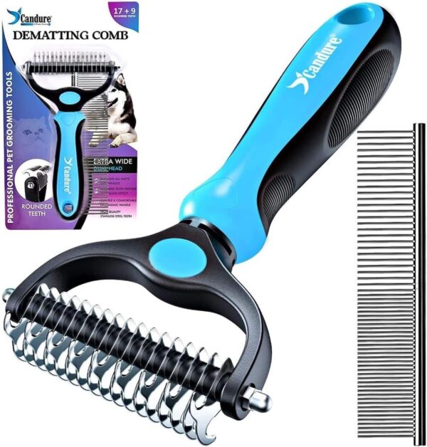 Candure Dematting Comb for Dog and Cat, Pet Grooming Rake and Brushes for Small, Medium & Large Dogs 17+9 Double Sided Deshedding Tool Removes Knots and Tangled Hair (Blue)