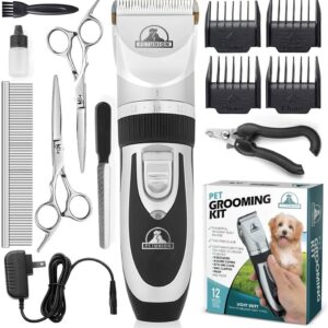 Pet UnionProfessional Dog Grooming Kit - Cordless Low Noise Dog Clippers for Grooming Thick Coats - All Pet Safe Cat Hair Trimmer - Pet Grooming Kit Includes Dog Hair Clippers, Nail Trimmer & Shears