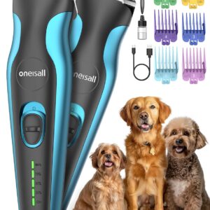 oneisall Dog Clippers and Paw Trimmer Dual Blade Kit, Cordless Dog Grooming Kit with Stainless Steel Blade, Low Noise 2-Speed Dog Grooming Clippers for Small Large Thick Hair Dogs