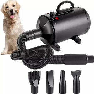 Memows Dog Hair Dryer, 2800W Pet Grooming Hair Dryer, Stepless Speed Dog Blaster Dryer, High Velocity Pet Dryer Blower with 4 Different Nozzles, Low Noise Hair Dryer for Dogs Cats Pets (Black)