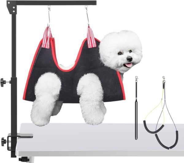 HIDOG Dog Grooming Arm with Clamp, Adjustable Dog Grooming Table Arm with Two No Sit Haunch Holder & Hammock Harness, Foldable Pet Grooming Supplies for Small Medium Dogs