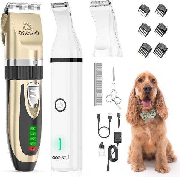 oneisall Dog Clippers and Dog Paw Trimmer 2 in 1 Kit,Cordless Low Noise Dog Grooming Kit, Pet Clippers Shaver Trimmer for Dogs Cats