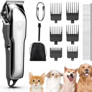 Kriogor Dog Clippers Professional for Thick Hair LED Power Display, Low Noise Cordless Dog Grooming Clipper Rechargable Pet Shaver Trimmer with Sharp Blade/6 Guide Combs for Dogs Cats