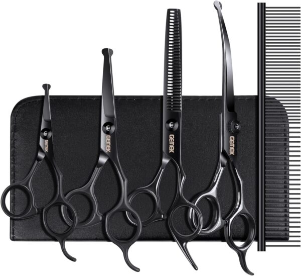 Dog Grooming Scissors Kit with Safety Round Tips, GEMEK Professional 6 in 1 Grooming Scissors for Dogs, Heavy Duty Titanium Coated Pet Grooming Scissor for Dogs, Cats and Other Animals (Black)