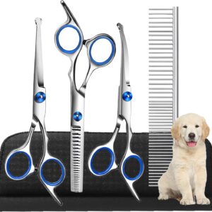 Dog Scissors, 6.7 Inch Stainless Steel Dog Grooming Scissor Kit with Safety Round Tips, Pets Grooming Shears with Thinning Shears & Curved Scissors for Pet Hair Fur Care